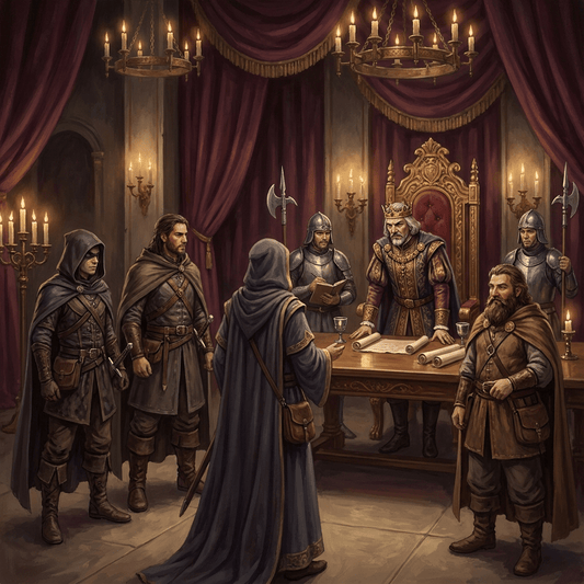 Adventurers in a tense social negotiation with a regal noble in a candlelit throne room