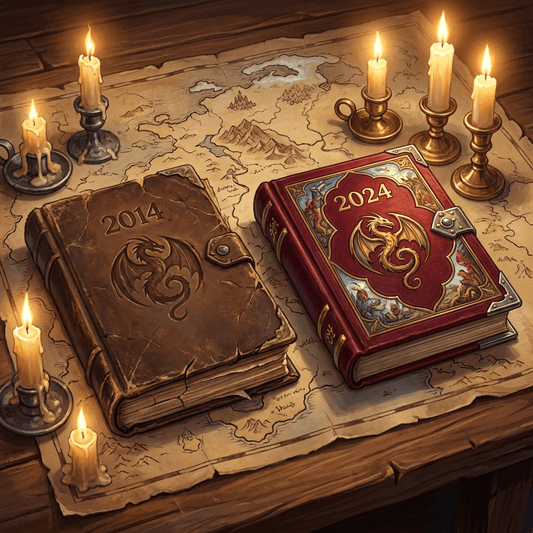 Two leather-bound D&D rulebooks side by side on a table with candles and a fantasy map