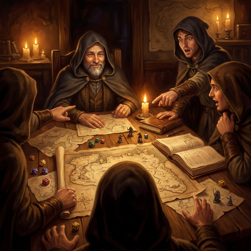 A Game Master at a candlelit table surrounded by maps and dice, confidently improvising as adventurers point toward the unknown